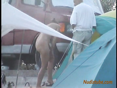 Girls leaving the nude beach in the evening