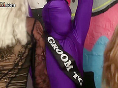 Cutie blonde CFNM giving handjob
