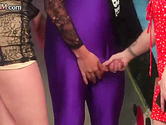 Cutie blonde CFNM giving handjob