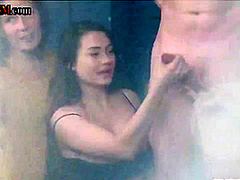 Horny hostel CFNM babes giving tugjob