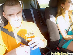 Cute babe pussyfucked by car teacher outdoor