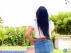 Latina Kim Beltran's poolside big tits and dildo fuck show