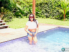 Latina Kim Beltran's poolside big tits and dildo fuck show
