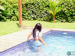 Latina Kim Beltran's poolside big tits and dildo fuck show