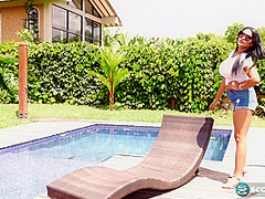 Latina Kim Beltran's poolside big tits and dildo fuck show