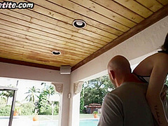Tiny bikini babe bouncing on lover cock