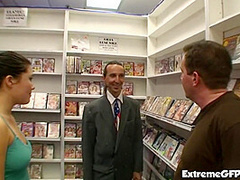 Asian look cock slut fucked hard in sex shop