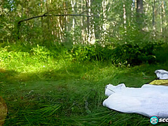 Erika and Margo, both 19, have hardcore lesbian sex outdoors complete with tit sucking, pussy licking and fingering next to a lake.