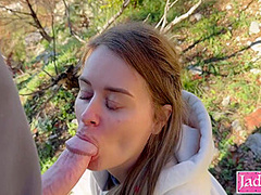 Cute Girl Sucking Stranger Dick Outdoor While Hiking - He Fucked Her