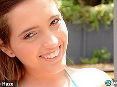 Brooke Haze models her new string bikini in an outdoor shower. She's tiny and horny as hell.