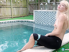 Yoga chick Sveera stretches outside and then loses her yoga clothes, spreads and fingers her snatch.