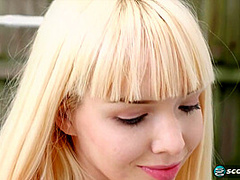 Yoga chick Sveera stretches outside and then loses her yoga clothes, spreads and fingers her snatch.