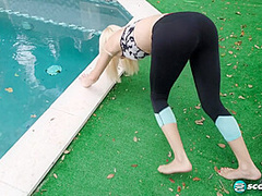 Yoga chick Sveera stretches outside and then loses her yoga clothes, spreads and fingers her snatch.