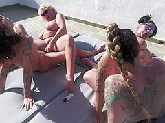 Four Hot Milfs Having Double Ended Dildo Fun