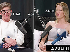 ADULT TIME - Busty Lesbians Octavia Red Kenna James CAUGHT EATING PUSSY On Podcast Set FULL SCENE