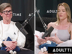 ADULT TIME - Busty Lesbians Octavia Red Kenna James CAUGHT EATING PUSSY On Podcast Set FULL SCENE