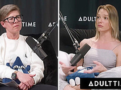 ADULT TIME - Busty Lesbians Octavia Red Kenna James CAUGHT EATING PUSSY On Podcast Set FULL SCENE