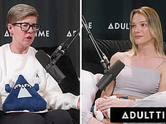 ADULT TIME - Busty Lesbians Octavia Red Kenna James CAUGHT EATING PUSSY On Podcast Set FULL SCENE