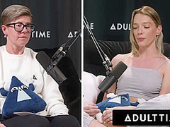 ADULT TIME - Busty Lesbians Octavia Red Kenna James CAUGHT EATING PUSSY On Podcast Set FULL SCENE