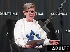 ADULT TIME - Busty Lesbians Octavia Red Kenna James CAUGHT EATING PUSSY On Podcast Set FULL SCENE