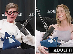 ADULT TIME - Busty Lesbians Octavia Red Kenna James CAUGHT EATING PUSSY On Podcast Set FULL SCENE