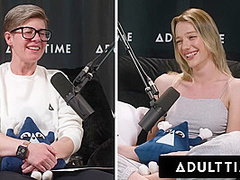 ADULT TIME - Busty Lesbians Octavia Red Kenna James CAUGHT EATING PUSSY On Podcast Set FULL SCENE