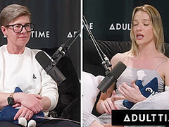 ADULT TIME - Busty Lesbians Octavia Red Kenna James CAUGHT EATING PUSSY On Podcast Set FULL SCENE