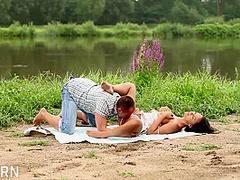 Sensual Sex Near The River With Romantic Couple Of Big Tits Brunette Girls