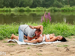 Sensual Sex Near The River With Romantic Couple Of Big Tits Brunette Girls