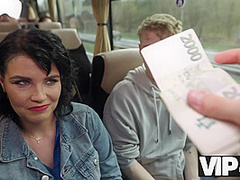 VIP4K. Pretty big titted lady is fucking in the bus