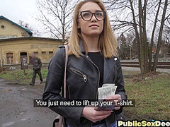 Geeky amateur pulled and public fucked