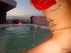 Underwater Jacuzzi Glass Dildo Masturbation Hot Petite Tattoo Model Dora Enjoys Sunset
