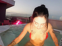 Underwater Jacuzzi Glass Dildo Masturbation Hot Petite Tattoo Model Dora Enjoys Sunset