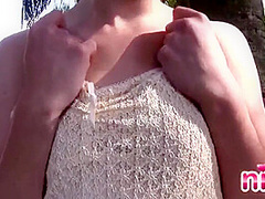 Hot solo lesbian outdoors touches herself