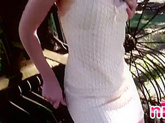Hot solo lesbian outdoors touches herself