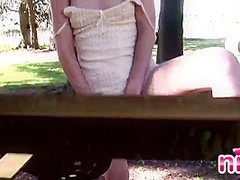 Hot solo lesbian outdoors touches herself