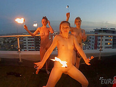 Hot Naked Models Dancing With Fire At Rooftop Penthouse Rooftop Rebeka Ruby Melonie And Lea