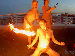 Hot Naked Models Dancing With Fire At Rooftop Penthouse Rooftop Rebeka Ruby Melonie And Lea