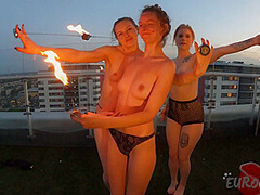 Hot Naked Models Dancing With Fire At Rooftop Penthouse Rooftop Rebeka Ruby Melonie And Lea