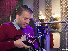 Guy sucked by big tits store clerk in booth next to busty gf