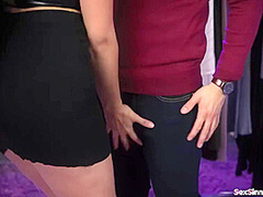 Guy sucked by big tits store clerk in booth next to busty gf