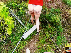 Horny bigtitted MILF doggyfucked outdoor