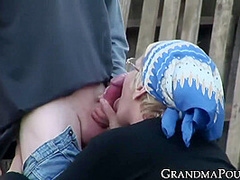 Kinky Granny Sucking Cock Outdoor And Gets Sprayed With Cum
