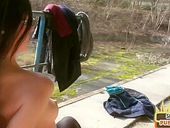 skinny MILF loves cockriding BBC outdoor