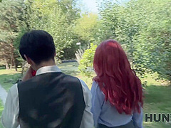 HUNT4K. Redhead whore cheated on her boyfriend in public and played with her natural tits