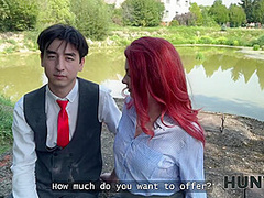 HUNT4K. Redhead whore cheated on her boyfriend in public and played with her natural tits