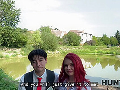 HUNT4K. Redhead whore cheated on her boyfriend in public and played with her natural tits