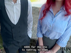 HUNT4K. Redhead whore cheated on her boyfriend in public and played with her natural tits