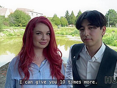 HUNT4K. Redhead whore cheated on her boyfriend in public and played with her natural tits