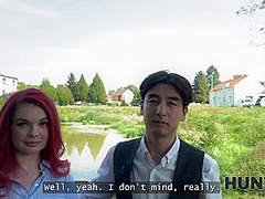 HUNT4K. Redhead whore cheated on her boyfriend in public and played with her natural tits